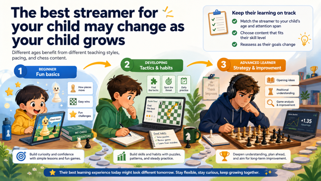 Parents often want one perfect answer. They ask, “Which chess streamer should my child watch?” But the best answer changes with time. A child who needs fun today may need structure next month. A child who is learning basic tactics now may need endgame help later.