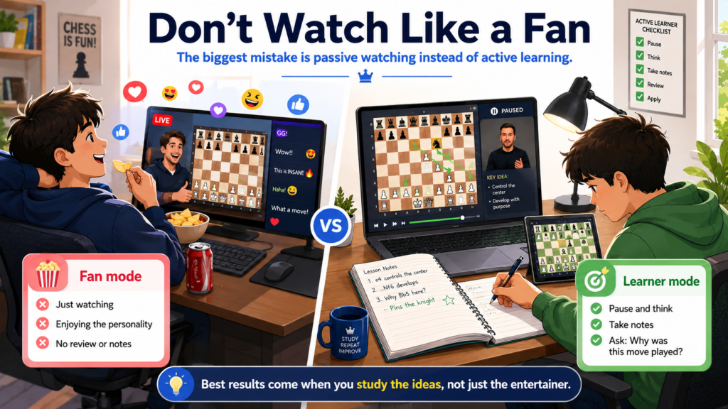 Most students watch chess streams the same way they watch a show. They sit back, enjoy the drama, laugh at mistakes, and move to the next video. That is fine for fun. But it does not build strong chess.
