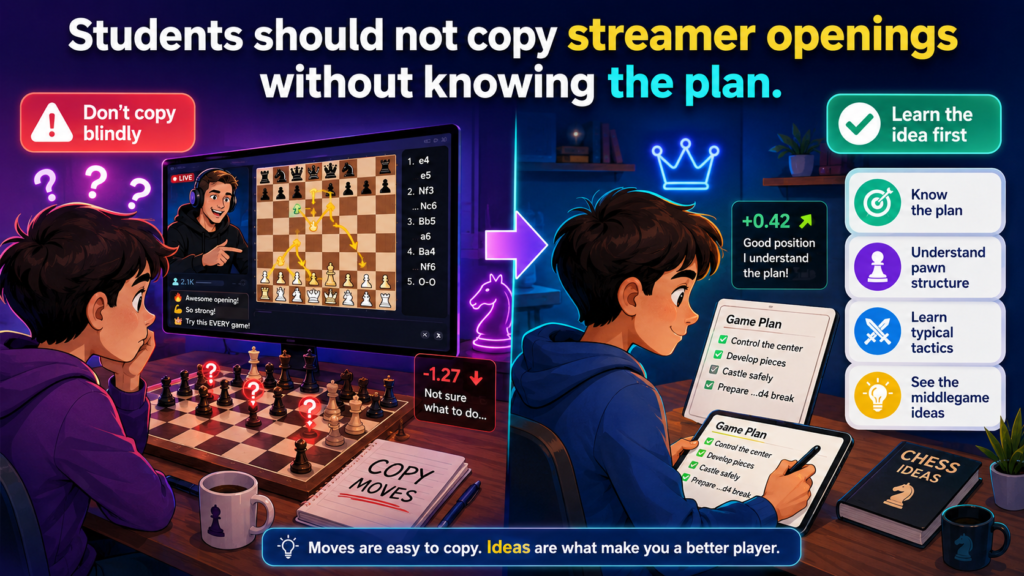 Chess streamers often play exciting openings. Some play gambits. Some play sharp attacks. Some play fast systems that look easy. A child may see a streamer win a quick game and think, “I want to play that too.”