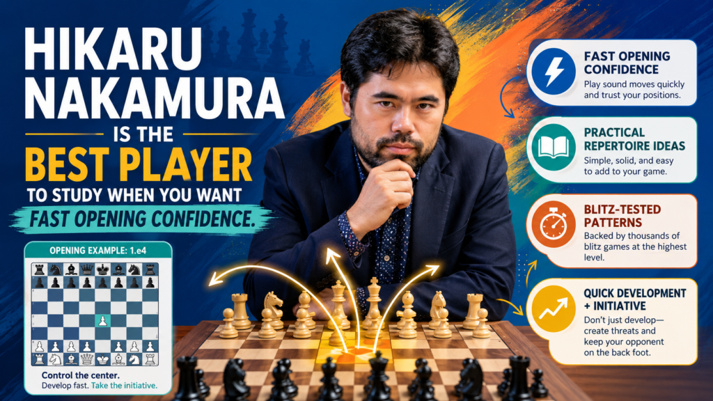 Hikaru Nakamura is one of the most exciting players for kids to watch. His games feel alive. He plays fast, sees tactics quickly, and often finds chances that other players miss. For children who love online chess, speed chess, and sharp positions, Hikaru can be a very powerful teacher.