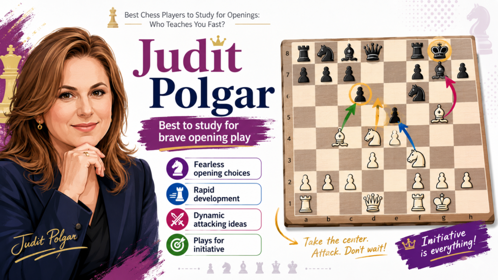 Judit Polgar is one of the best players in chess history for students who want to become fearless. Her games are full of energy, but they are not careless. She attacked because the position allowed it. She sacrificed because her pieces were ready. She took risks, but they were smart risks.