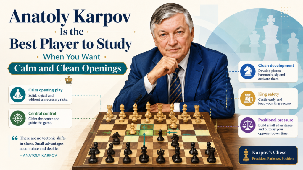 Anatoly Karpov is perfect for students who want to learn quiet strength. His games may not always look flashy at first, but they are full of deep lessons. He placed his pieces on excellent squares, limited the opponent’s choices, and slowly made the position better.