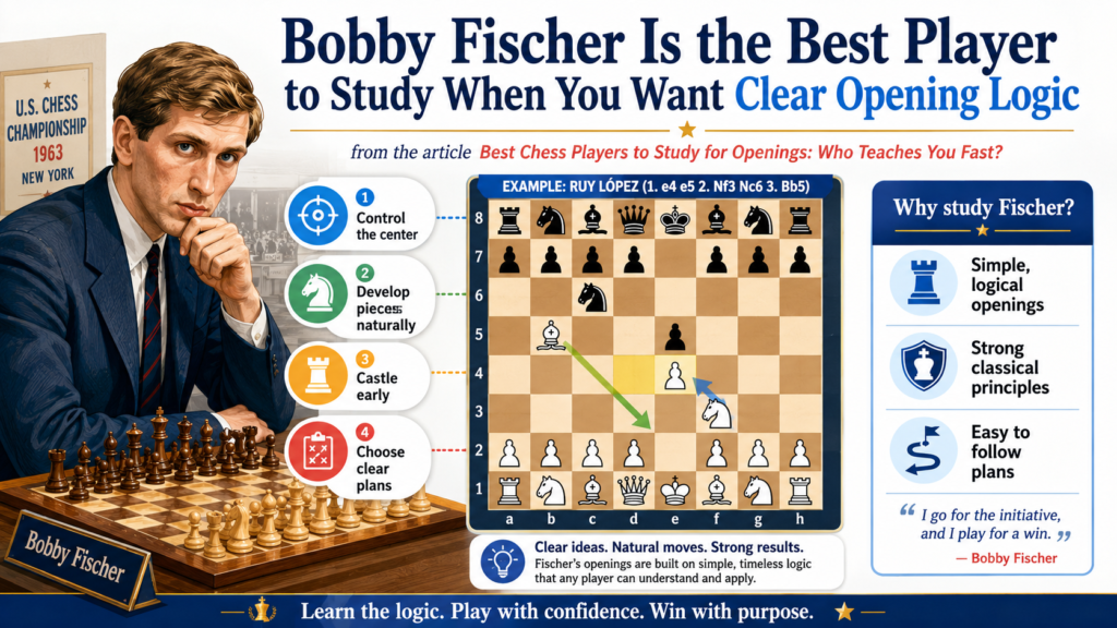 Bobby Fischer is one of the best players for students who want openings to make sense. His games often feel direct and clean. He developed pieces, fought for the center, castled, and then looked for the right plan. There is a strong sense of order in many of his games.
