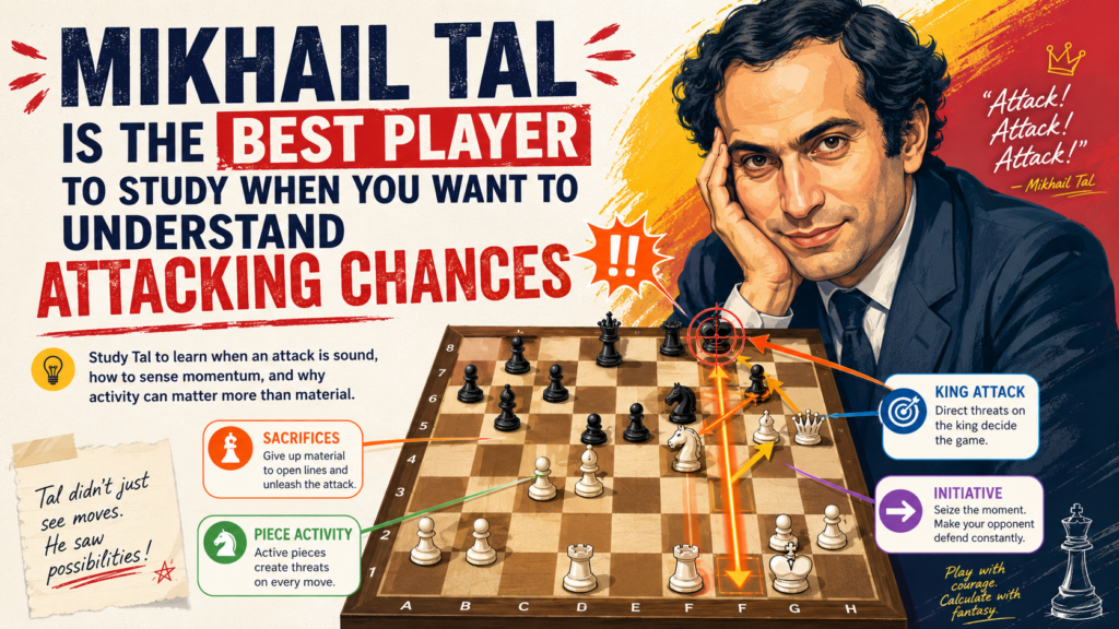 Mikhail Tal is not the first player most coaches choose for opening study, but he is one of the best players to study when a child needs to feel the power of active pieces. Tal’s games can look wild, but they are full of life. He was famous for creating problems that were hard to solve at the board.