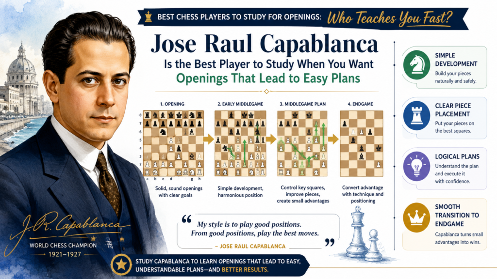 Jose Raul Capablanca played chess with a kind of smoothness that still feels fresh today. His games are easy to enjoy because his moves often look natural. He did not need to force things all the time. He placed his pieces well, kept his position healthy, and waited for the right moment.