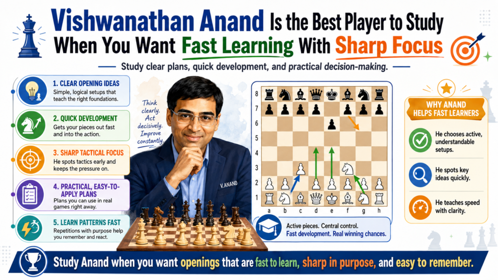 Vishwanathan Anand is one of the best players for students who want a mix of speed, deep thought, and clean opening ideas. He played many different openings at the highest level, and he handled sharp positions with great calm. His games are exciting, but they also feel clear when studied the right way.
