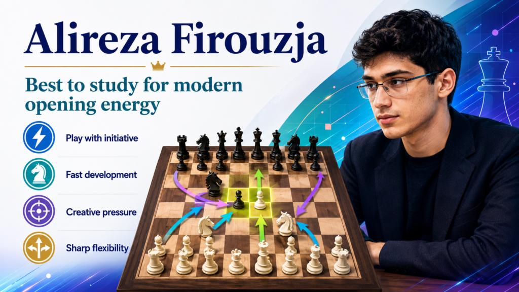 Alireza Firouzja is a great player for students who want to understand modern chess energy. His games are active, creative, and full of fighting spirit. He is from the new generation of elite players, so his opening choices often show how top players think today.