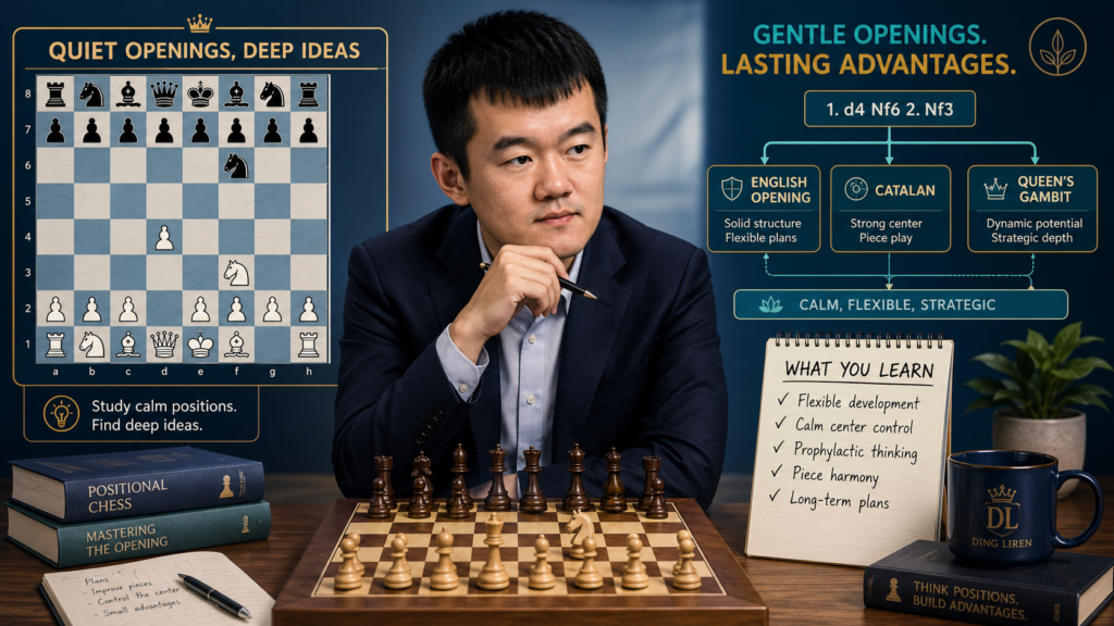 Ding Liren is a wonderful player for students who like quiet starts but still want strong winning chances later. His games often feel calm in the beginning. He does not always rush. He builds his position with care, keeps his pieces safe, and waits until the right moment to create pressure.