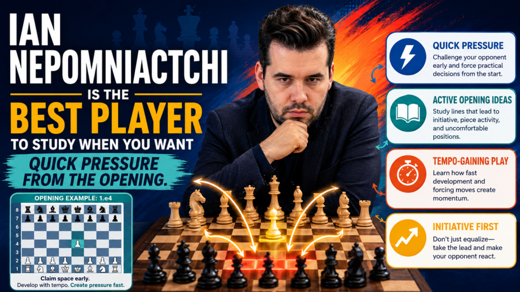 Ian Nepomniachtchi, often called Nepo by chess fans, is a great player to study when a student wants fast pressure and active play. His openings often lead to positions where the opponent must start making choices early. He likes piece activity, quick development, and direct plans.