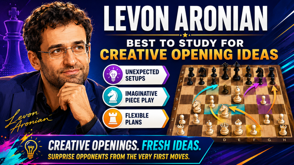 Levon Aronian is a great player for students who want to become more creative. His openings often show fresh ideas, clever piece placement, and unusual plans that still make sense. He is not random. He is creative with purpose.
