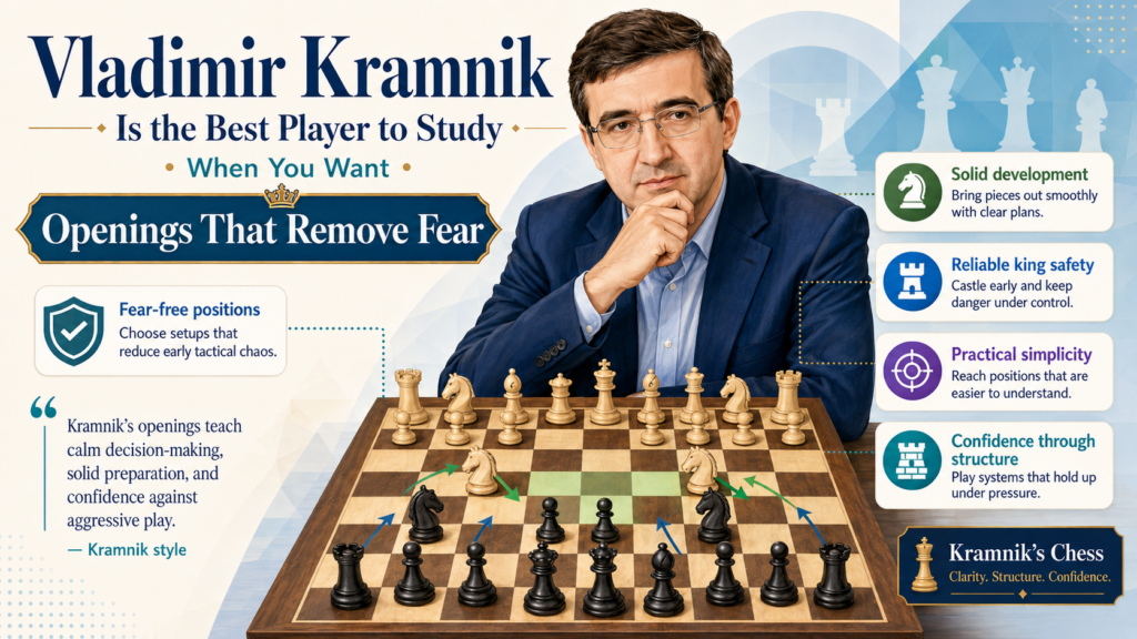 Vladimir Kramnik is a great player for students who want strong openings without chaos. His games show how to take the danger out of the position while still keeping winning chances. He was not trying to trick people in the first few moves. He wanted a position he could trust.