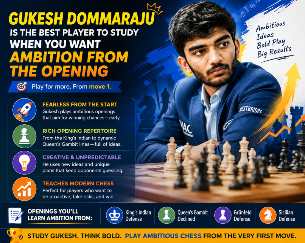 Gukesh Dommaraju is a strong model for young players because his games show hunger, courage, and serious work. He plays with ambition. He does not enter the opening just to survive. He wants chances. He wants pressure. He wants a position where he can ask hard questions.