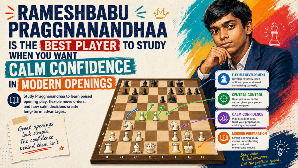 Rameshbabu Praggnanandhaa, often called Pragg, is a wonderful player for students who want to learn calm confidence. His games show clear focus even when the position is difficult. He can play sharp chess, but he does not look rushed. He makes strong choices with a steady mind.