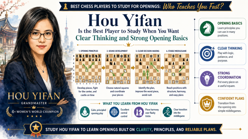 Hou Yifan is one of the best players to study for clean, logical chess. Her games are strong, clear, and full of good opening habits. She is a great model for students who need to build a better base before moving into very complex theory.