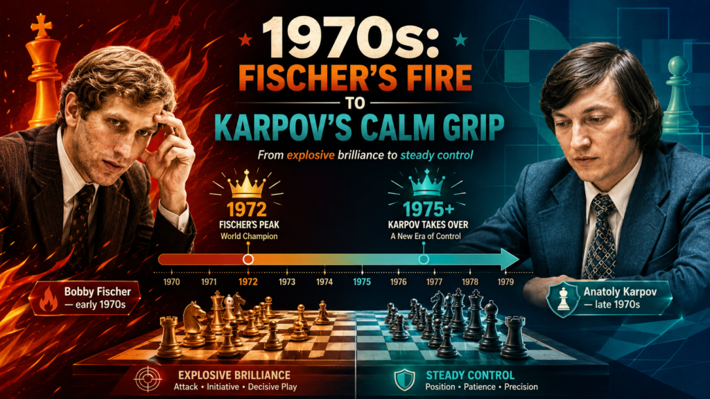The 1970s gave chess one of its biggest story swings ever. The decade started with Bobby Fischer breaking the long Soviet hold on the world title, and it ended with Anatoly Karpov proving that he was not just a champion by name, but a real ruler of top chess.
