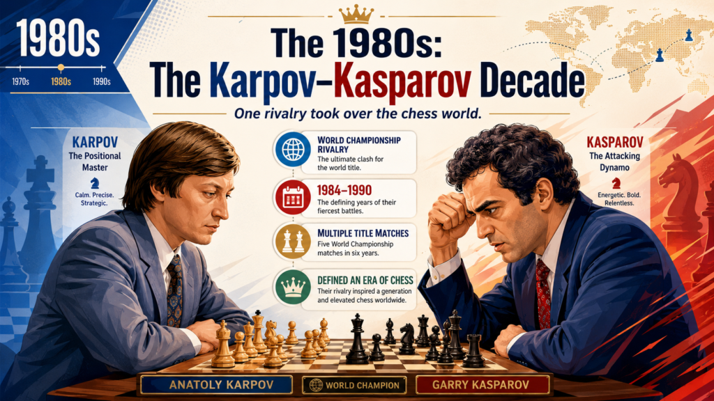 The 1980s were not just about one champion. They were about one great fight. Anatoly Karpov started the decade as the king, and Garry Kasparov ended it as the new force. Their rivalry became the main story of world chess. It had age, style, pressure, politics, stamina, and deep preparation.