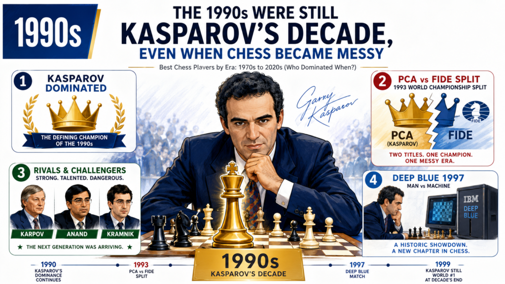 The 1990s were not clean and simple in chess history. The world title split in 1993 after Garry Kasparov and Nigel Short played outside FIDE, which meant chess had two title paths for many years. That made the crown harder for fans to follow.