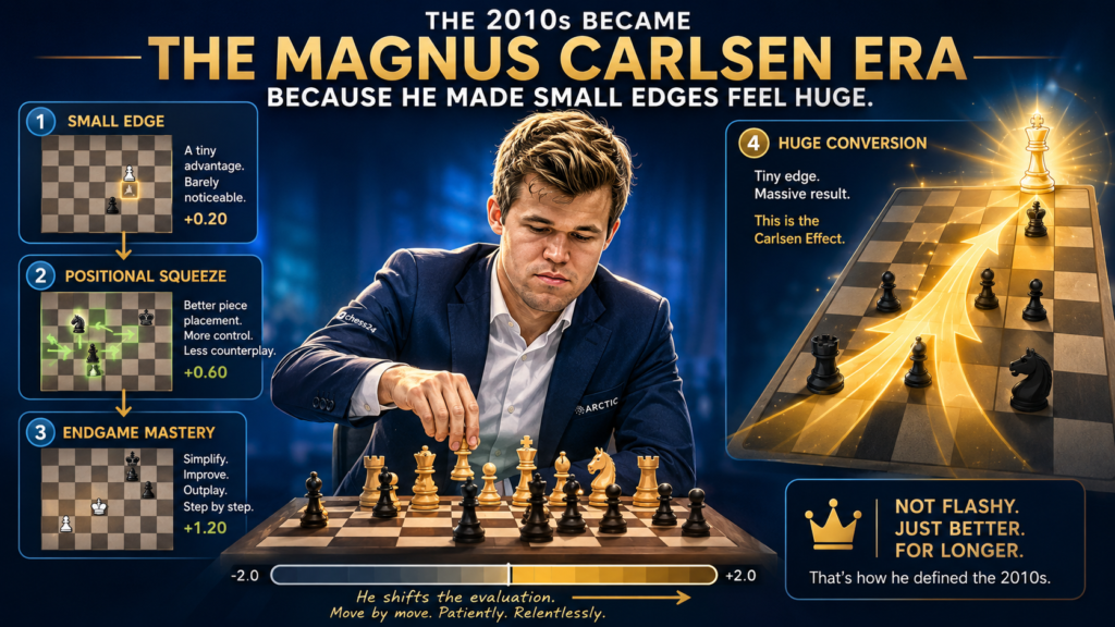 The 2010s had many brilliant players, but one name stood above the rest: Magnus Carlsen. He became World Champion in 2013 by beating Viswanathan Anand in Chennai with a 6.5–3.5 score, and that win started a long reign at the top of classical chess.
