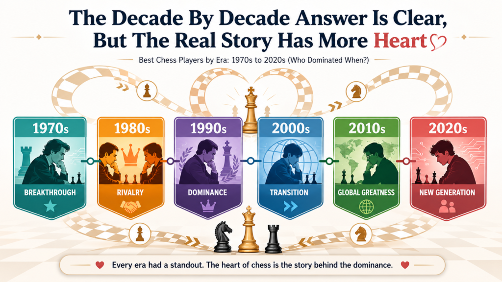 Now we can answer the big question more clearly. Who dominated when? The 1970s were split between Fischer’s peak and Karpov’s rise. The 1980s became the Karpov-Kasparov battle, with Kasparov taking over by the end. The 1990s were Kasparov’s decade, even with title confusion.