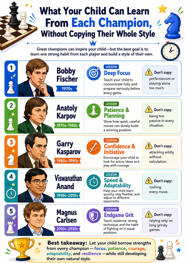 The best way to study chess history is not to worship famous names. It is to borrow useful habits from them. A child does not need to become Fischer, Karpov, Kasparov, Anand, Carlsen, Ding, or Gukesh. That is not the goal. 