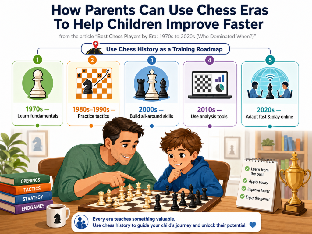 Parents do not need to know every opening or every famous game to help a child grow in chess. They only need to understand what each era teaches. The 1970s teach basics and patience. The 1980s and 1990s teach preparation and fighting spirit.