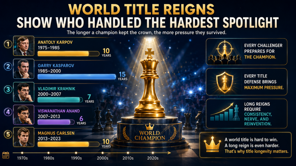 The World Championship is chess under a bright light. It is not just about good moves. It is about sitting across from one great rival for weeks, carrying pressure every day, and knowing the whole chess world is watching. This is why title reigns matter so much when we judge eras.