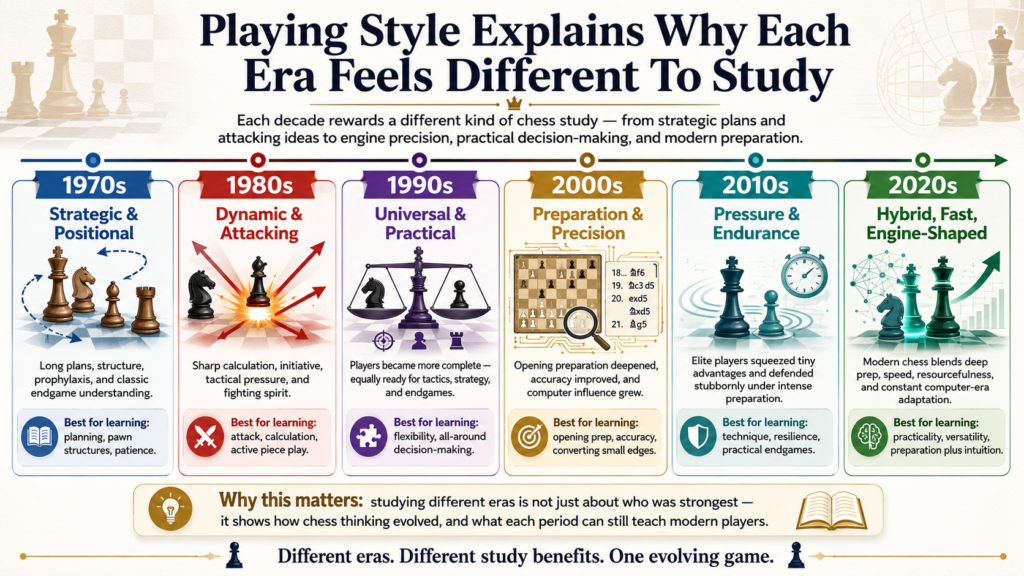 The most fun part of chess history is that each era has its own flavor. The pieces are the same, the board is the same, and the rules are mostly the same. But the way top players use the pieces changes over time.