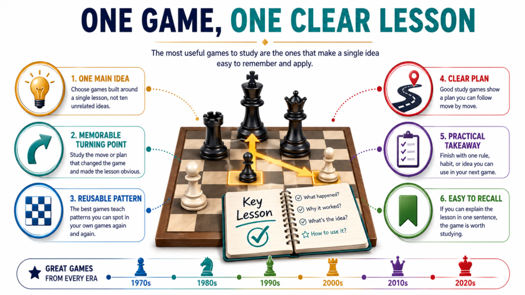 A young player does not need to study hundreds of grandmaster games at once. That can feel heavy, and it can also make chess feel like homework. The better way is to study one game for one lesson.