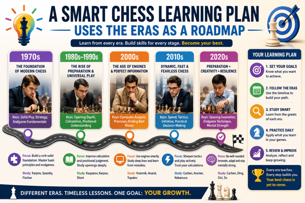 A strong chess plan for kids should not be random. It should build step by step. The good news is that chess history already gives us a beautiful roadmap. The 1970s teach basics and patience.