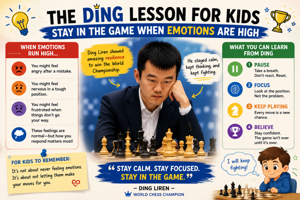 Some children play too fast after a mistake because they feel upset. Others freeze and stop trusting themselves. Ding’s path teaches a better response. Take a breath. Look at the board again. Find the next best move. The past move is over. The next move still matters.