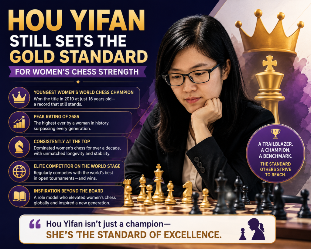 Hou Yifan is still the name that sits at the top of the women’s classical rating list. That matters because she is not just famous. She is one of the rare players whose chess strength has crossed into the wider top chess world for many years.