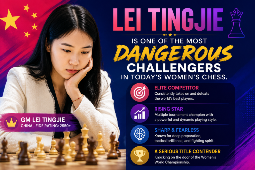 Lei Tingjie is currently number two on the May 2026 FIDE women’s classical list, just behind Hou Yifan and ahead of Ju Wenjun. That alone makes her one of the strongest women chess players in the world right now.
