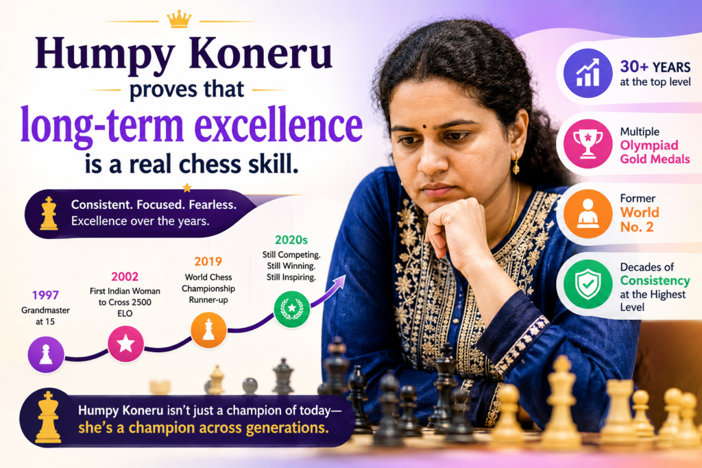 Humpy Koneru is one of the great names in modern women’s chess, and she is still performing at a world-class level. The May 2026 women’s rating list has her at number six with a 2535 rating, just one point behind Aleksandra Goryachkina. For a player with such a long career, staying this high is a huge achievement.