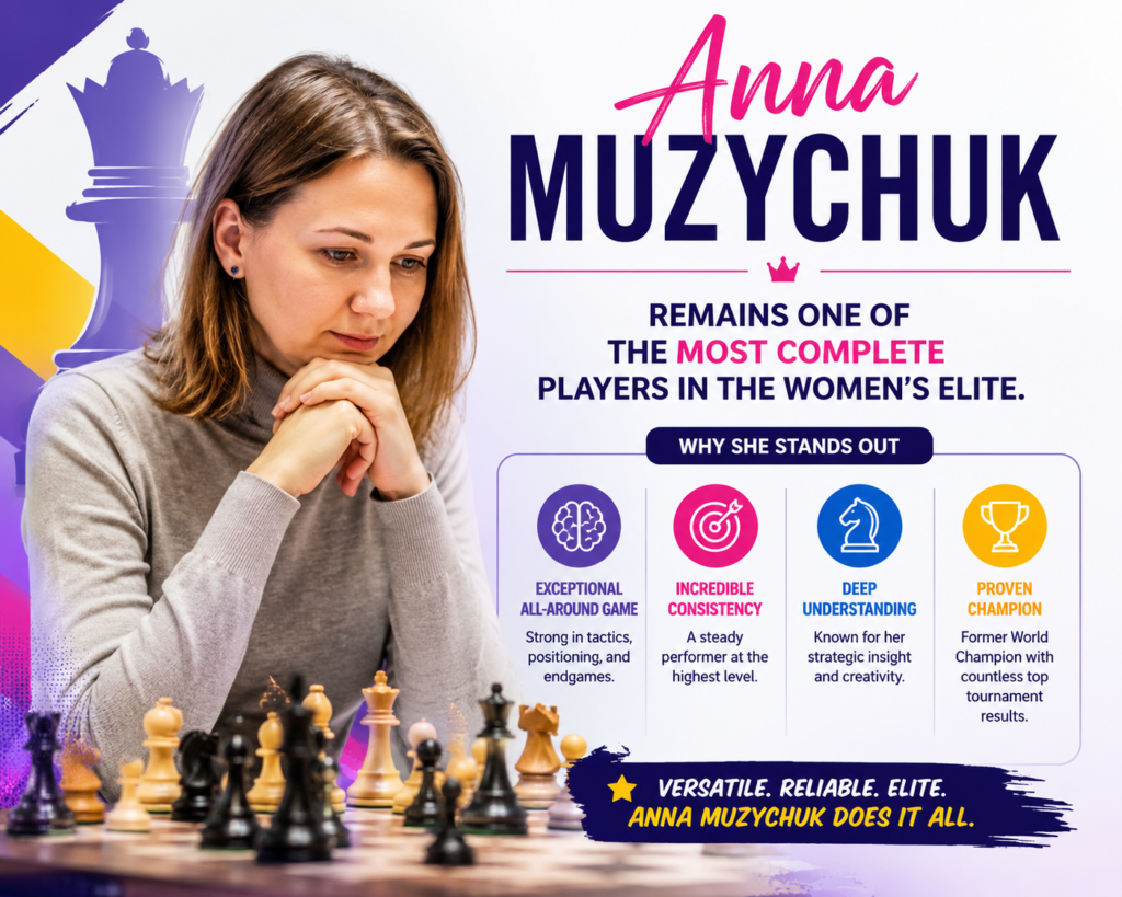 Anna Muzychuk is another player who has stayed near the top for a long time. The May 2026 top women’s list places her inside the top group, behind Bibisara Assaubayeva and ahead of Tan Zhongyi and Kateryna Lagno on the published ChessBase player list. That kind of position is not easy to keep in a field this strong.