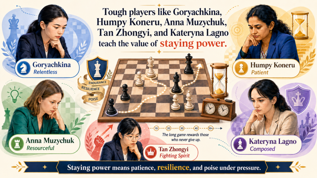 Aleksandra Goryachkina, Humpy Koneru, Anna Muzychuk, Tan Zhongyi, and Kateryna Lagno all belong in that second group in different ways. They are experienced, strong, and very hard to beat.