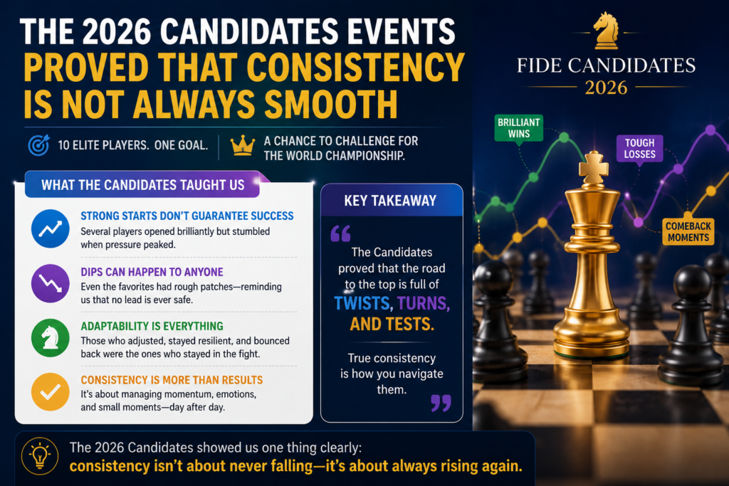 The 2026 Candidates events gave a clear lesson about consistency. It is not always clean. It is not always pretty. A player can have a bad start, a hard middle, or a painful loss, and still come back strong if the mind stays calm.