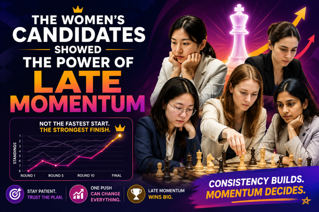The 2026 Women’s Candidates also gave a strong lesson in consistency. Vaishali Rameshbabu won the event with 8.5 out of 14, while Bibisara Assaubayeva finished on 8.