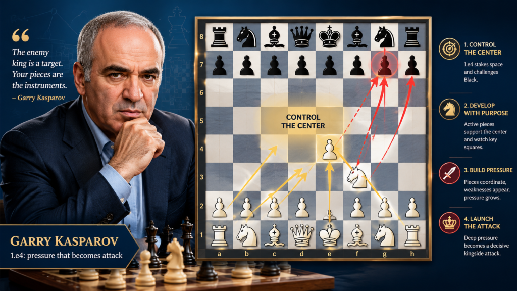 Garry Kasparov is another great player for 1.e4 students, but his style feels different from Fischer’s. Fischer often made the board look clean. Kasparov made the board feel full of energy. He was famous for putting huge pressure on his opponent from the opening, then keeping that pressure alive until something broke.