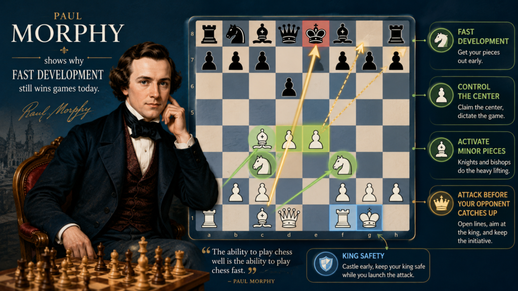 Paul Morphy played long before modern chess engines, but his games still teach some of the clearest attacking lessons in chess. For young 1.e4 players, Morphy may be the easiest great player to understand at first. His games show the power of quick development, open lines, and king safety in a very direct way.