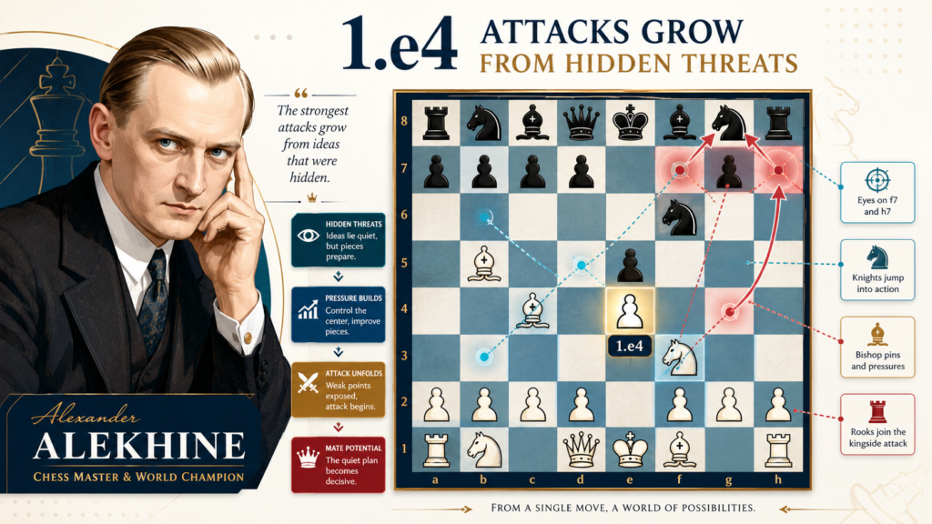 Alexander Alekhine is a great player to study when a child wants to understand how attacks can build in layers. His games often feel like a story. At first, the position may look normal. Then one small weakness appears. Then another piece joins the attack. Then the defender has too many problems at once.