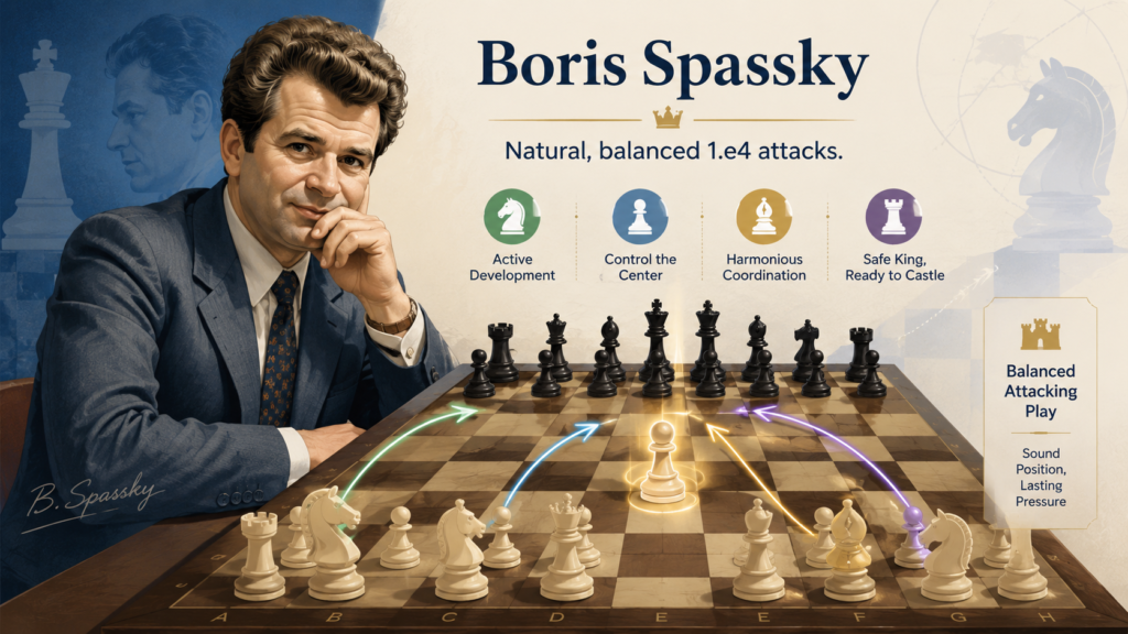 Boris Spassky had a beautiful attacking style because he did not force the game when the board did not call for it. He could attack with power, but he could also play calm chess. This balance is why he is so useful for young 1.e4 players to study.