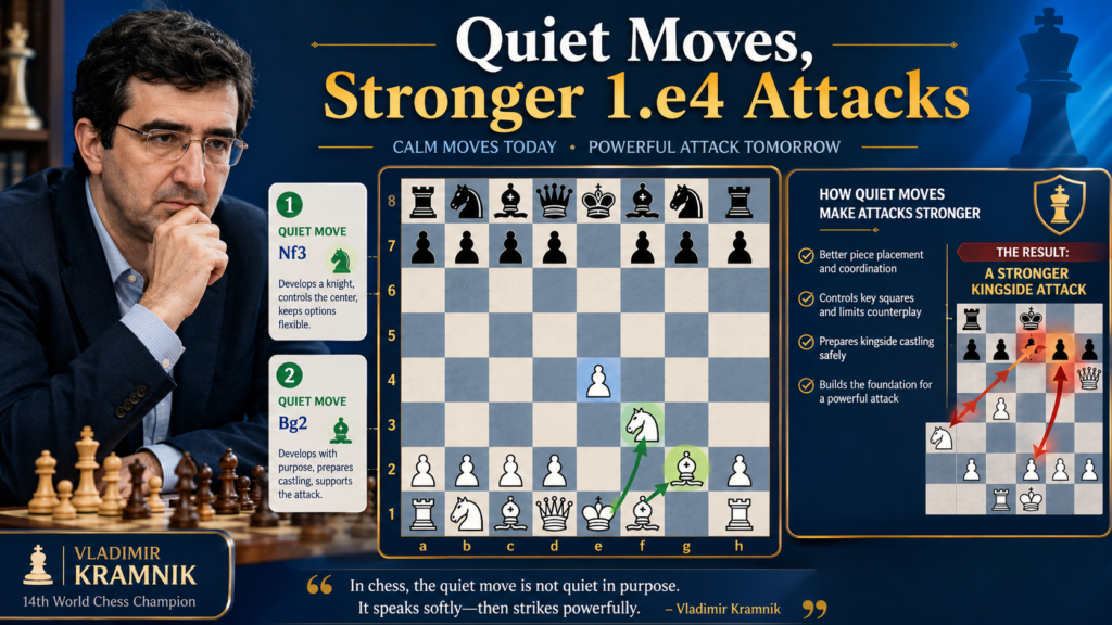 Vladimir Kramnik may not be the first name people think of when they hear “attacking chess,” but that is exactly why he is important. He teaches a lesson many young 1.e4 players need: not every attacking move has to look loud.