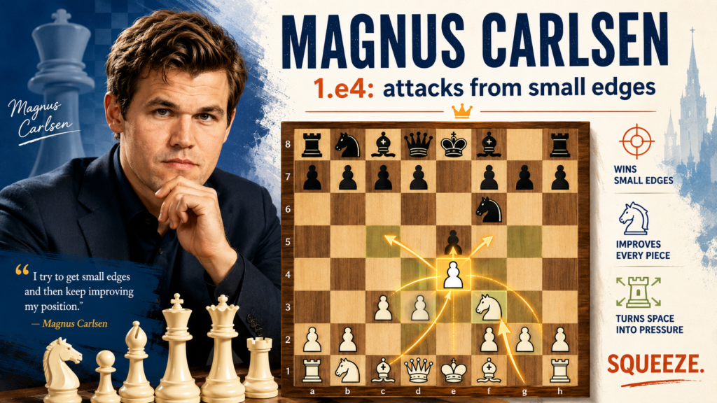 Magnus Carlsen is known for winning many different kinds of positions. He can attack, defend, grind, simplify, or create problems from almost nothing. For 1.e4 players, he teaches a very modern lesson: you do not need a huge attack right away. You can start with a small edge and keep making it bigger.