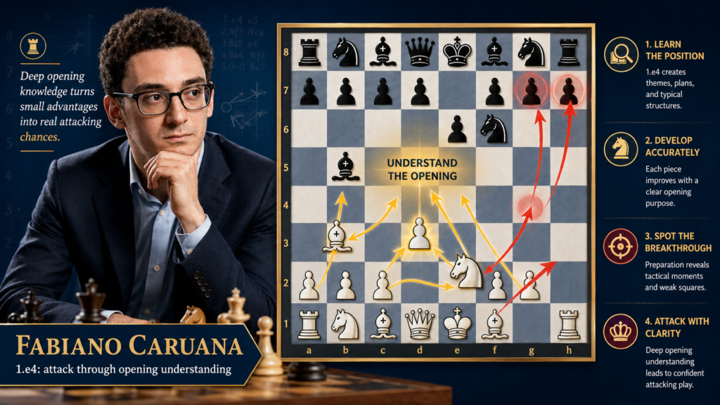 Fabiano Caruana is a great player for serious 1.e4 students to study because his games show how much power comes from knowing why an opening works. He does not only play moves from memory. He understands the ideas behind the moves. That is what makes his attacks so hard to stop.