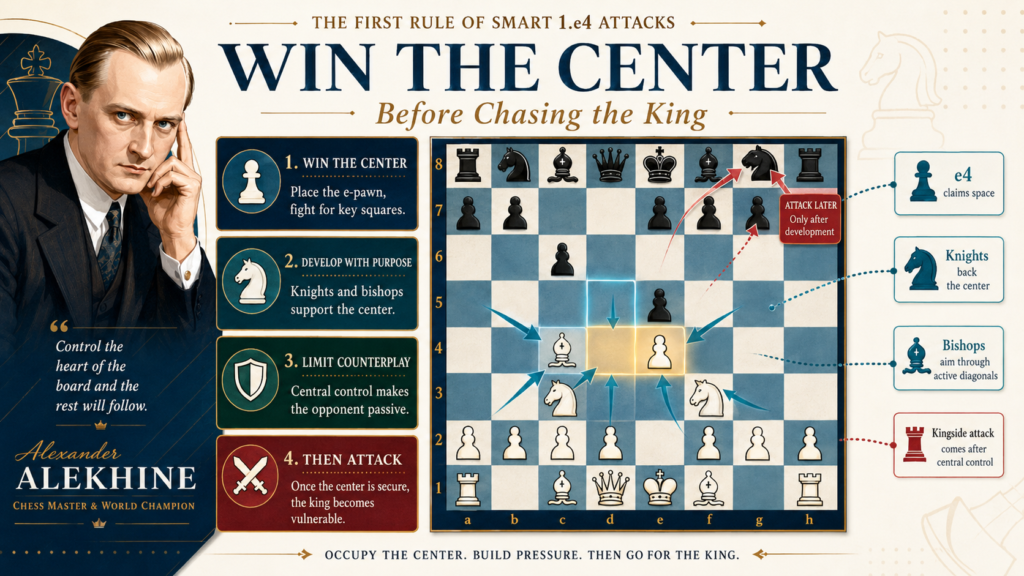 A strong 1.e4 attack usually starts in the center, not near the king. This can feel strange to kids at first. They want to move the queen out. They want to go for checkmate. They want something exciting right away. But the best attackers know that the center is the road to the king.
