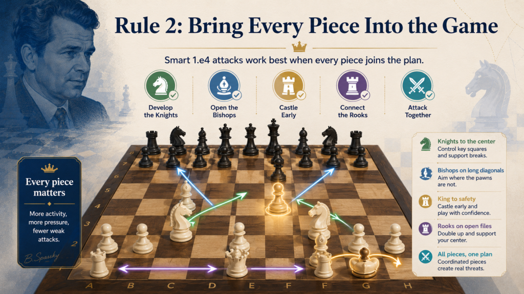 A great 1.e4 attack is not a one-piece show. It is not just the queen. It is not just one bishop. It is not just a knight jump that looks cool. The best attacks use many pieces together.