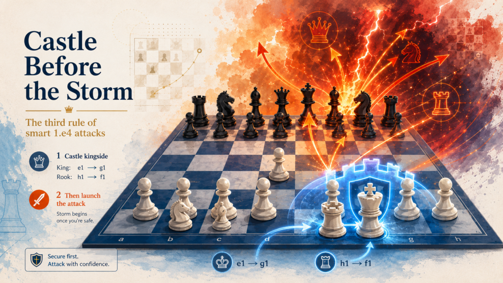 Castling may not look exciting, but it is one of the most important attacking moves in chess. A safe king gives your pieces freedom. When your king is safe, your mind is free to attack. When your king is stuck in the center, every attacking idea carries danger.