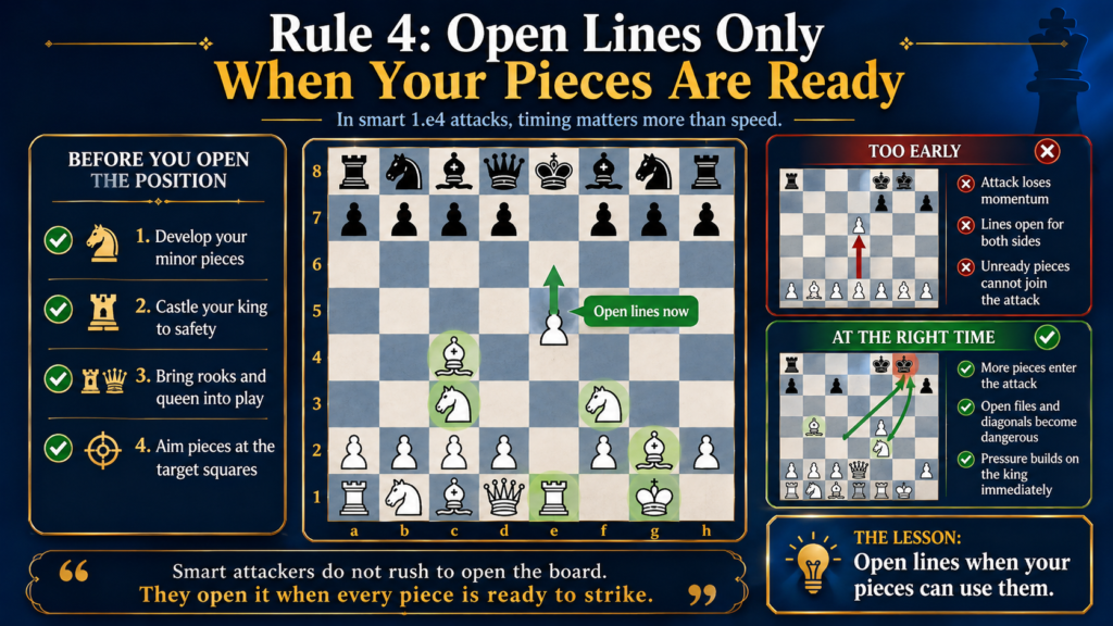 Attacks need open lines. Bishops need diagonals. Rooks need files. Queens need paths. Knights need strong squares near the action. But opening lines too soon can help the other player instead.