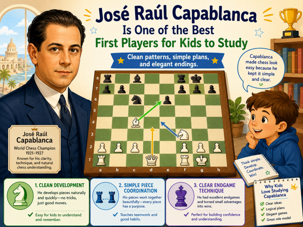 José Raúl Capablanca is often called one of the clearest chess players in history. His games are smooth. His pieces seem to find natural squares. He did not make chess look noisy. He made it look simple, calm, and strong.
