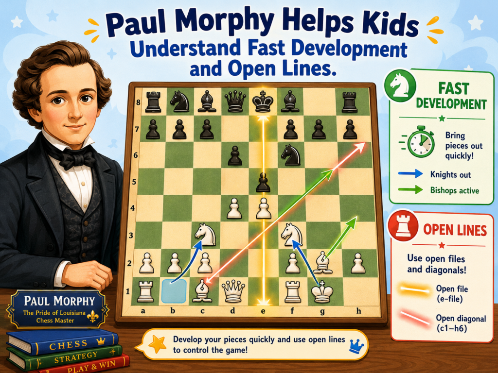 Paul Morphy is one of the best players for kids who need to learn why development matters. His games are full of energy, but they are not random. They are clean because the main lesson is easy to see. Bring your pieces out. 